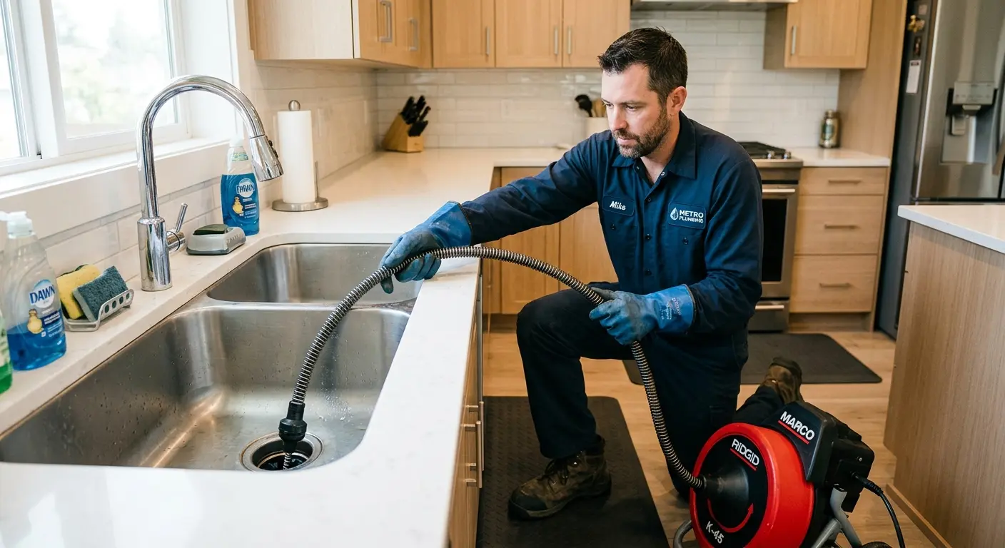 Drain cleaning technician using a motorized snake on a kitchen sink in Westbrook