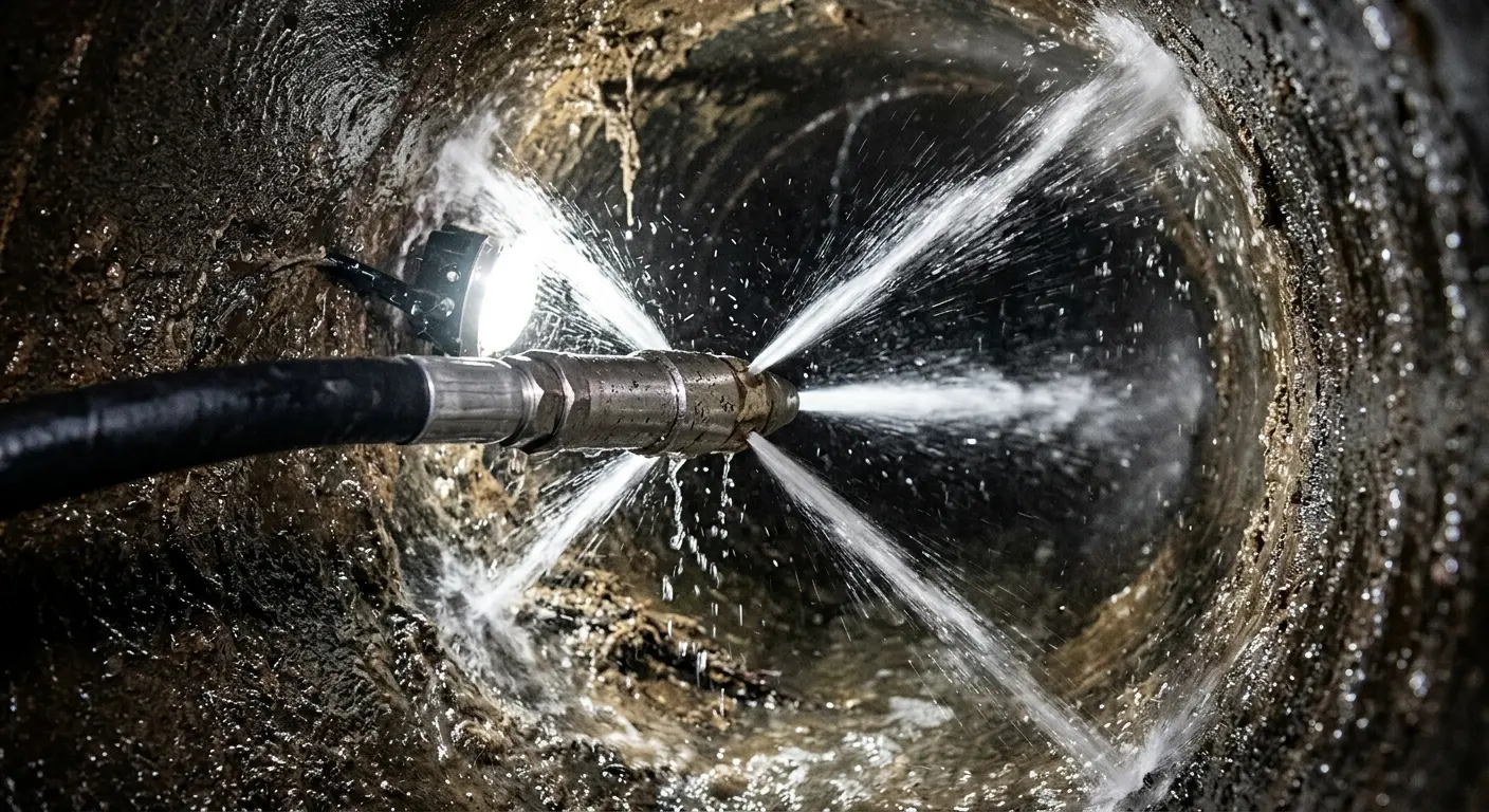 High-pressure hydro jetting nozzle cleaning sewer pipe for Sewer Cleanout in Westbrook