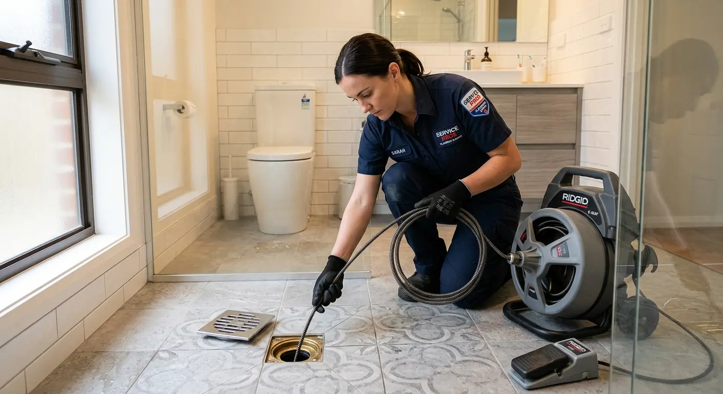 Technician clearing a bathroom floor drain for Hydro Jetting in Westbrook